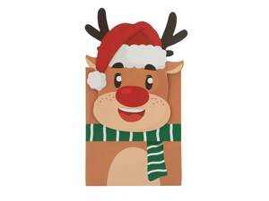 Close-up of reindeer Christmas candy box with red hat and green striped scarf