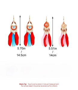 Detailed size specifications for bohemian long feather earrings with bead chain tassels