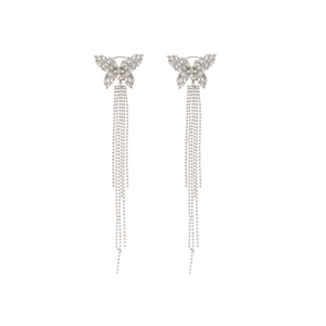 Elegant zircon butterfly earrings with long silver tassel fringes for non-pierced ears