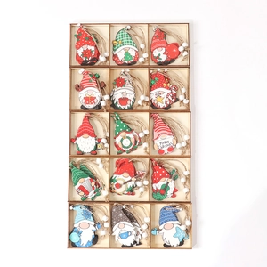 15-piece wooden Christmas gnome pendant set with colorful painted characters and storage box