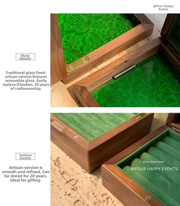 Detail of walnut wood jewelry box with green embossed glass and soft velvet lining