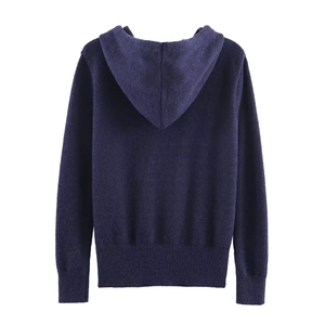 Gilet à capuche en maille bleu marine pour femme, vue arrière avec poignets et ourlet côtelés