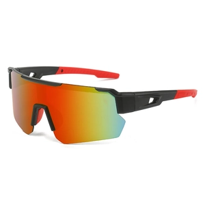 Outdoor cycling sunglasses with red gradient lenses and black-red frame at 45-degree angle