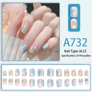 Short tulip floral press-on nails with blue marble texture, 24 pieces set in AL13 shape