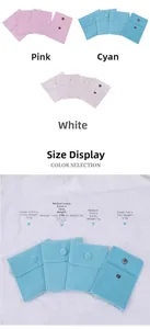 Size chart for velvet jewelry pouches in pink, blue and white with snap button details