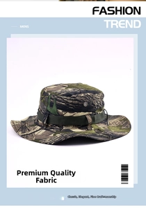 Detail of outdoor camouflage bucket hat with ventilation eyelets and durable webbing