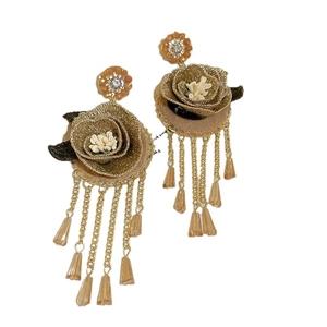 Elegant gold embroidered flower tassel earrings with champagne crystal pendants