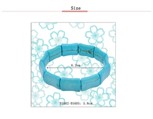 Detail showing turquoise stretch bracelet size measurements and natural stone texture
