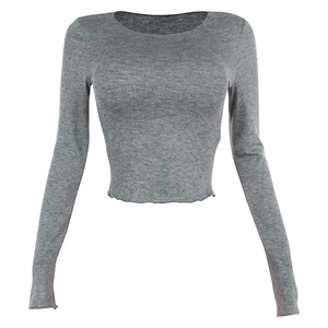 Grey slim fit long sleeve knit crop top with round neck shown on white background