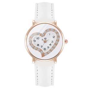 Elegant rose gold women's watch with heart rhinestone dial and white leather strap
