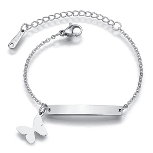 Close-up of silver stainless steel kids bracelet with butterfly charm and engravable plate