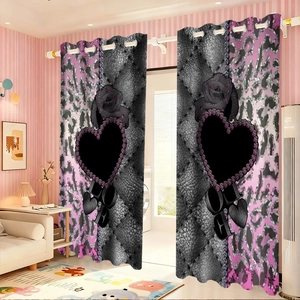 Pink leopard print blackout curtains with black hearts and roses for Valentine's Day decor
