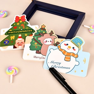 Three cute Christmas greeting cards with cartoon reindeer, bear and snowman on beige background