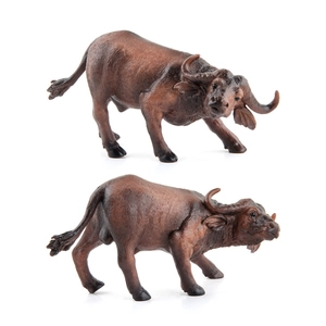 Two-piece realistic African buffalo figurines with detailed horns and skin texture