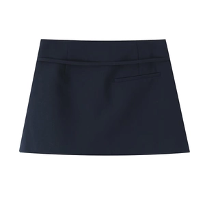 Detail of the navy blue A-line skirt with belt loop and minimalist side pocket texture