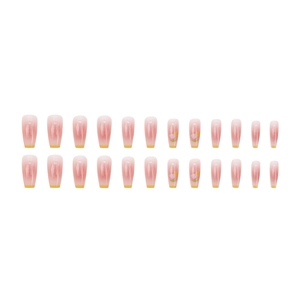 Pink gradient tulip press-on nails set in long coffin shape with yellow French tips