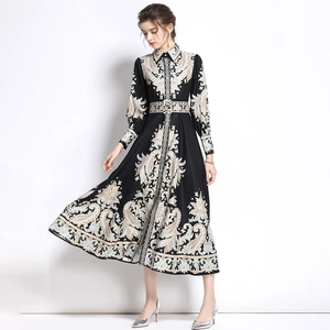 Ethnic paisley print long sleeve maxi dress with button front and high waist slim fit