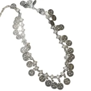 Vintage bohemian style waist chain with butterfly heart coins and silver finish