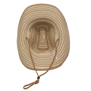 Vue détaillée de l'intérieur d'un chapeau de paille avec cordon réglable et bandeau