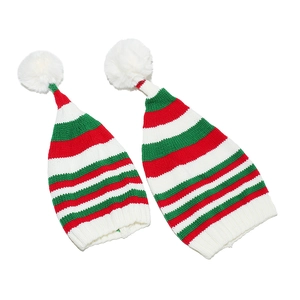 Knitted Christmas long striped hats in red, green, and white with plush pom-poms