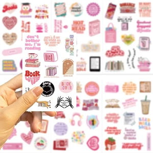 Detail of pink Bookish themed stickers featuring reading slogans and cute paper cutouts