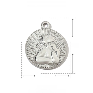 Technical drawing of a stainless steel angel relief pendant showing 21mm height dimensions