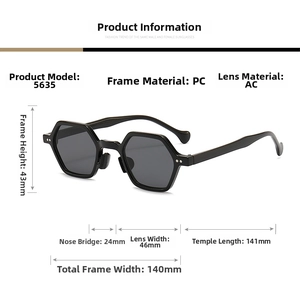 Detailed size chart for hexagonal fashion sunglasses showing dimensions and PC frame specs