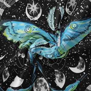 Detailed view of tarot moth tapestry fabric with soft texture and celestial patterns