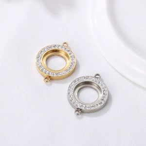 Gold and silver stainless steel round photo frame pendants with sparkling zircon borders