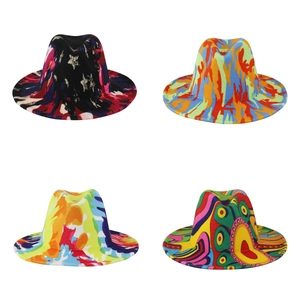 Modern fedora hats set featuring vibrant colorful tie-dye and pop art printed patterns