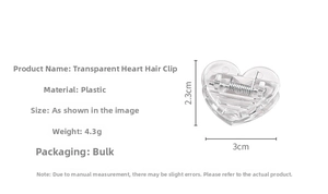 Transparent heart-shaped plastic clip with 3cm x 2.3cm dimensions and weight of 4.3g