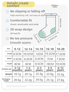 Size chart for girls lace socks showing dimensions and age groups for different sizes