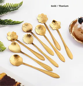 Close-up of 8-piece gold flower-shaped stainless steel spoons for coffee and dessert