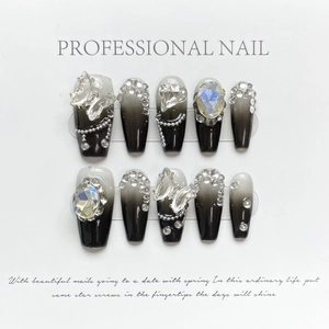 Handmade Press On Nails Starry Crystal Butterfly Design Black White Gradient Rhinestone Artificial Pearl Finished Nail Tips For Women