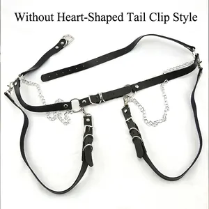 Detail view of punk style black faux leather body harness with silver metal chains