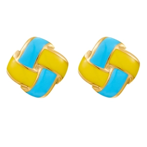 Minimalist square stud earrings with yellow and blue enamel inlay in gold metal frame