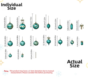Detailed size guide showing dimensions of various Christmas ball wall stickers in centimeters