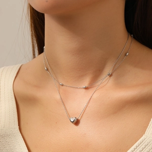 Stainless Steel Double Layer Necklace With Heart Pendant And Beads Vacuum Plating Chic Clavicle Chain Fashion Women