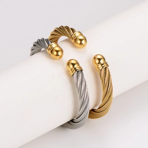 Adjustable stainless steel cable wire bangles in gold and silver with spherical ends
