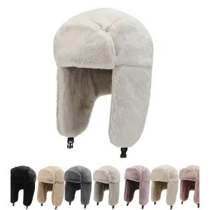 Plush winter trapper hat with ear flaps and buckle, showing eight stylish color options