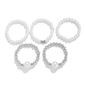 Detailed set of 5 white pearl and silver beaded bracelets with micro-inlaid rhinestones