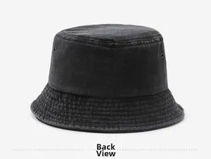 Detail view showing back of the washed denim bucket hat with metal vent eyelets