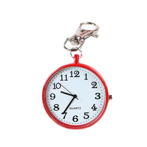 Red quartz pocket watch with clear numerals and silver lobster clasp on white background