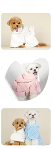 Soft absorbent pet bathrobe for dogs in white pink and blue fleece with hood and belt