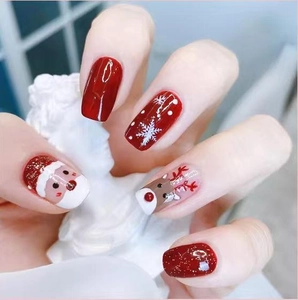 Short Square Christmas Press On Nails Red Glossy Reindeer Santa Claus Pattern Artificial Fingernails Festive Cute Manicure