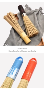 Detail of natural bamboo fiber pot brush with wooden handle for kitchen cookware cleaning