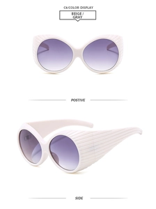 Front and side views of beige Y2K sunglasses with purple gradient lenses and wavy frame