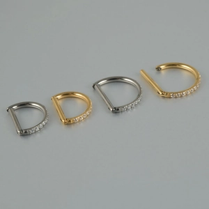 Macro view of silver and gold D-shaped titanium hoops set with sparkling cubic zirconia