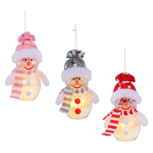 Luminous snowman Christmas tree ornaments in pink, grey and red with LED lights