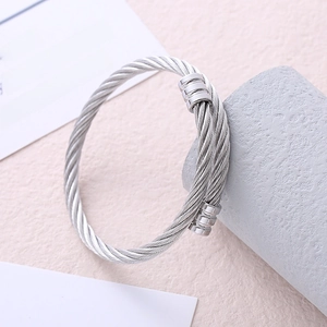 Silver cable wire twisted stainless steel open bangle with industrial minimalist design